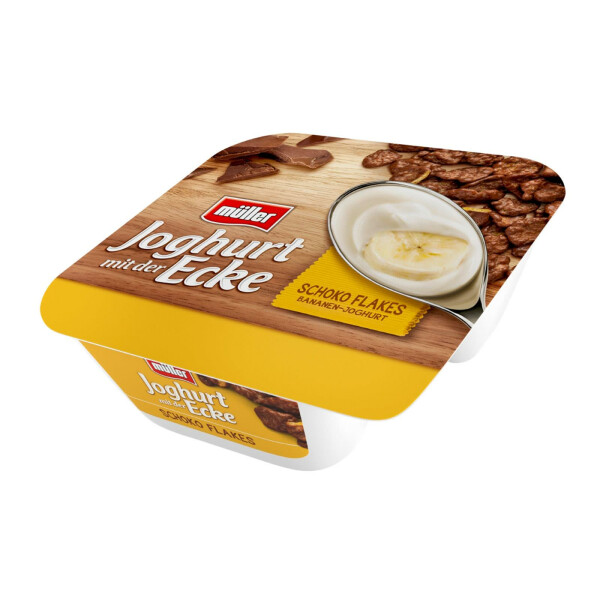 Müller Joghurt mit der Ecke Banane mit Schokolade-Flakes