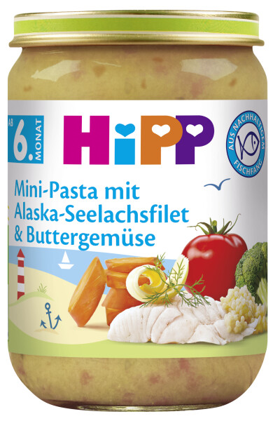 Hipp Mini-Pasta mit Alaska-Seelachsfilet und Buttergemüse