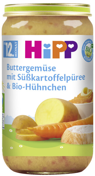 Hipp Buttergemüse mit Süßkartoffelpüree und Bio-Hühnchen