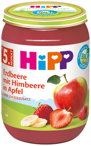 Hipp Erdbeere mit Himbeere in Apfel
