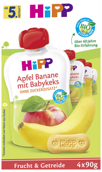 HiPP Quetschbeutel Apfel-Banane & Babykeks 4. Monat 4er-Packung