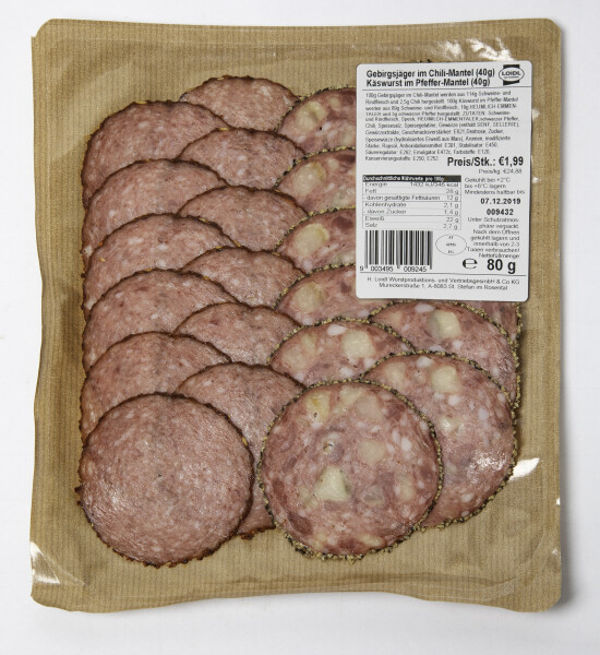 Loidl Gebirgsjäger im Chili-Mantel, Käswurst im Pfeffer-Mantel