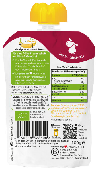 Freche Freunde Bio Quetschie Banane, Apfel, Erdbeere & Himbeere