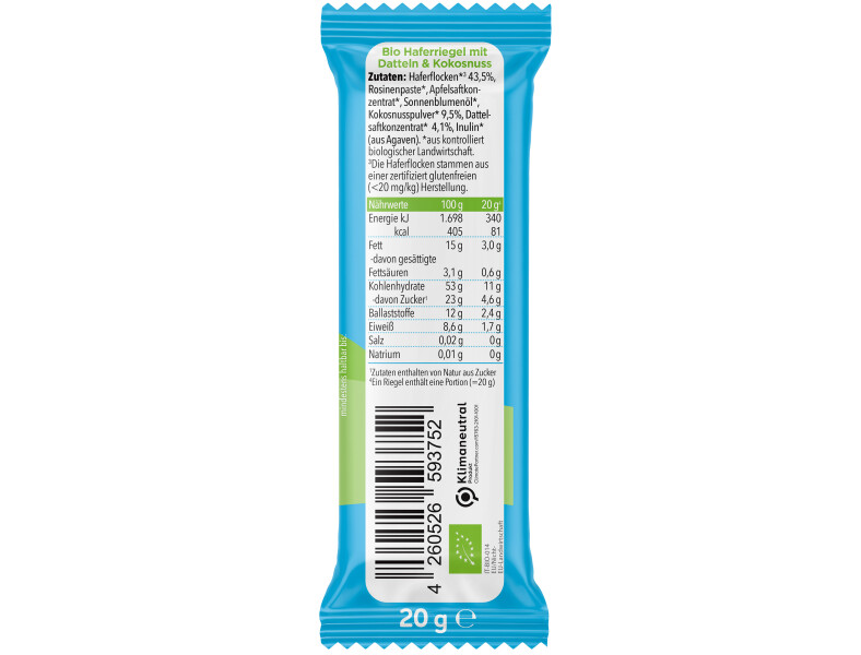 Pumpkin Organics Bio Haferriegel mit Dattel & Kokos