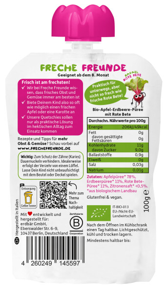 Freche Freunde BIO Quetschie Apfel, Erdbeere, Rote Bete