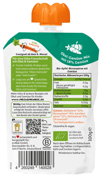 Freche Freunde BIO Quetschie Apfel, Birne, Karotte & Kürbis