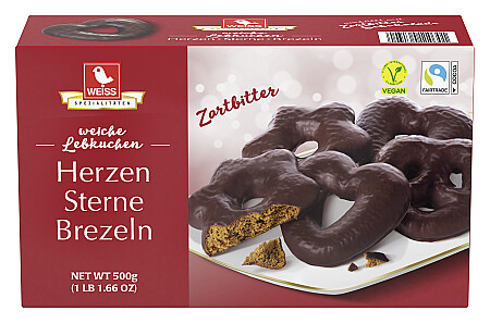 Weiss weiche Lebkuchen Herzen/Sterne/Brezeln zartbitter